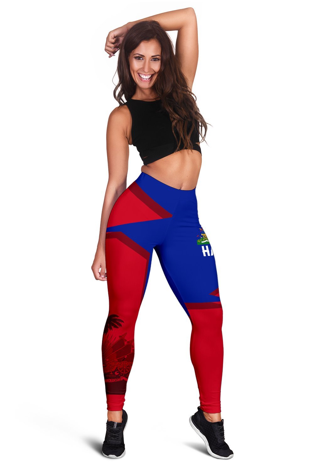 Full-length Haiti leggings in red and blue with crest logo and palm print