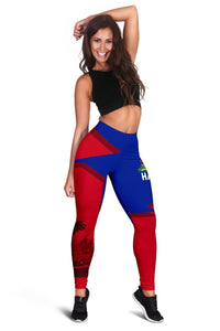Full-length Haiti leggings in red and blue with crest logo and palm print