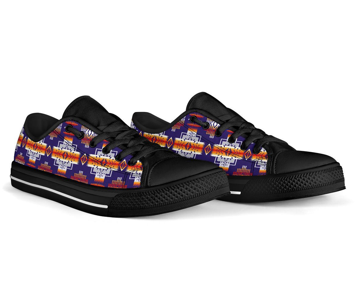 Purple low-top sneakers with Native-inspired geometric print, black toe cap, black sole