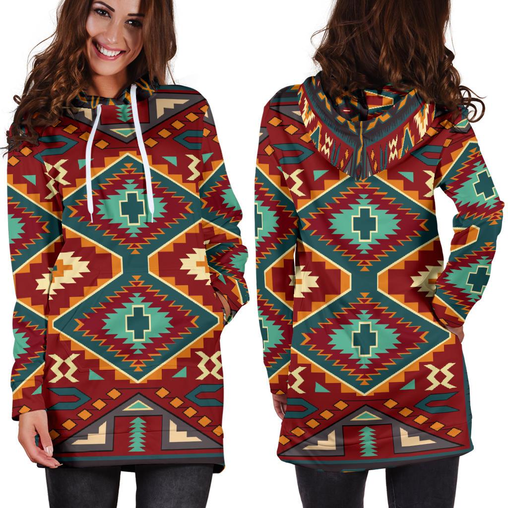 Colorful tribal hoodie dress front view, teal neckline and white drawstrings