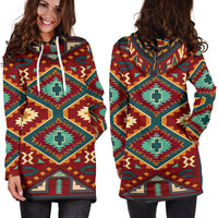 Colorful tribal hoodie dress front view, teal neckline and white drawstrings