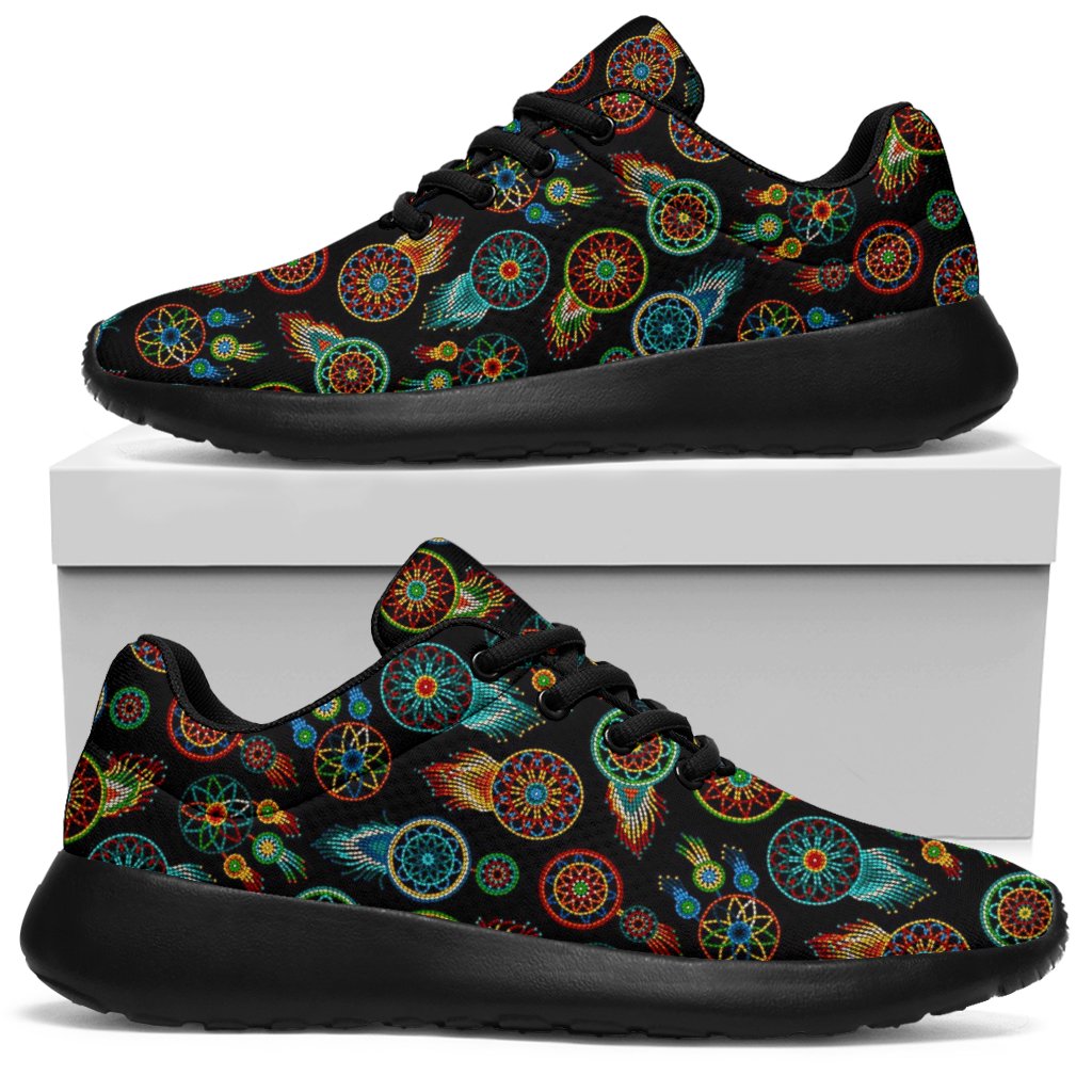 Side view black lace-up sport sneakers with multicolor dreamcatcher circular feather pattern