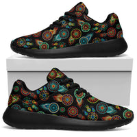 Side view black lace-up sport sneakers with multicolor dreamcatcher circular feather pattern