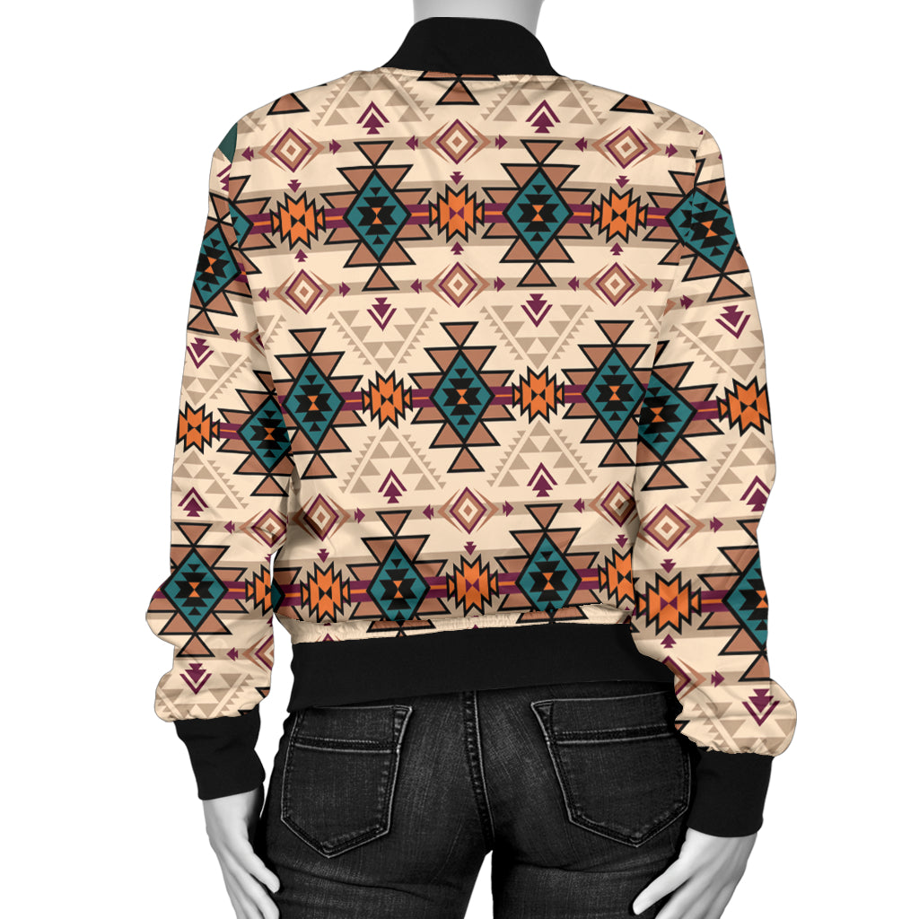 Women’s bomber jacket back view, cream base with colorful tribal geometric pattern