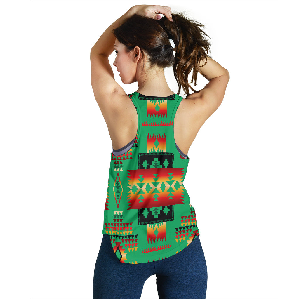 Green racerback tank back view with multicolor geometric Native-style print