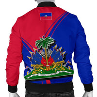 Back view bomber jacket with Haiti flag graphic, red and blue panels, black collar and cuffs