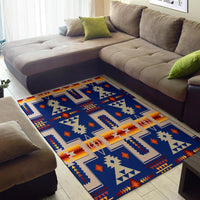 Tribal geometric area rug, navy blue with cream, red, orange and yellow accents