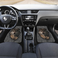 Set of 2 front car floor mats with wolf face print on dark gray swirl pattern
