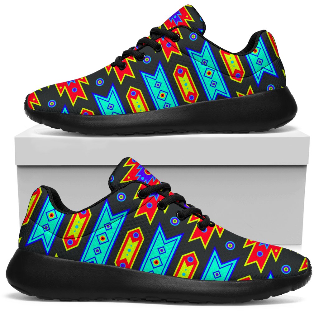 Multicolor Native pattern sport sneakers with black trim and black lace-up front