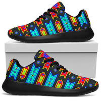 Multicolor Native pattern sport sneakers with black trim and black lace-up front