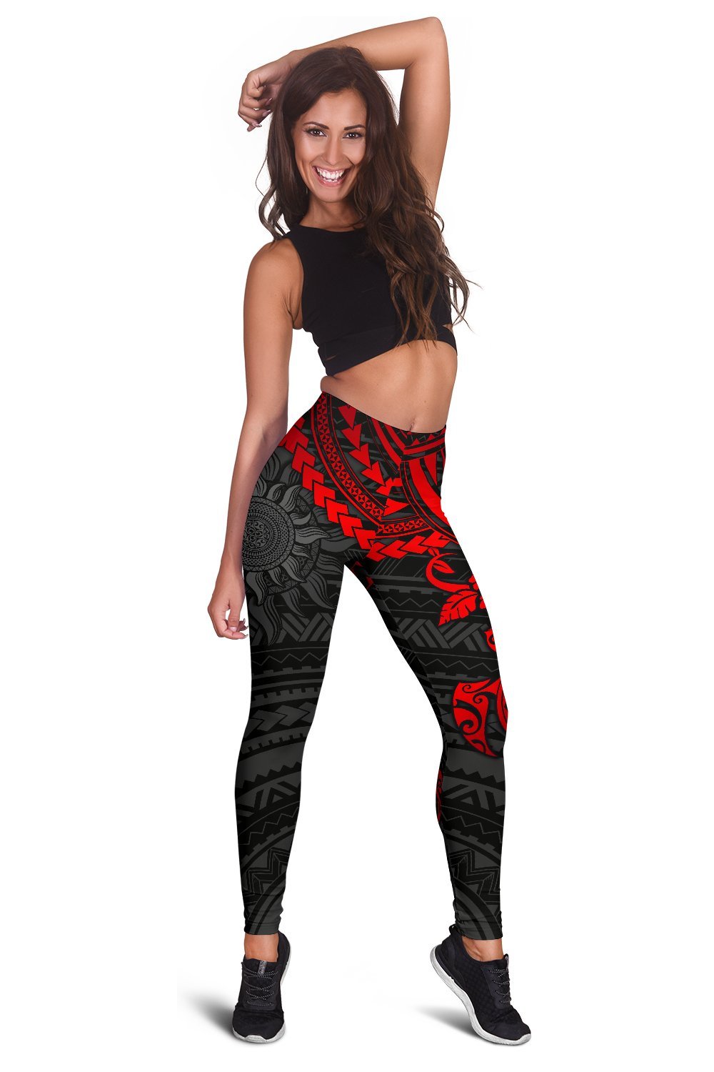 Full-length red and black leggings with turtle motif and tribal zigzag designs