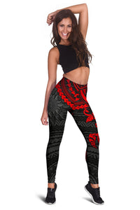 Full-length red and black leggings with turtle motif and tribal zigzag designs