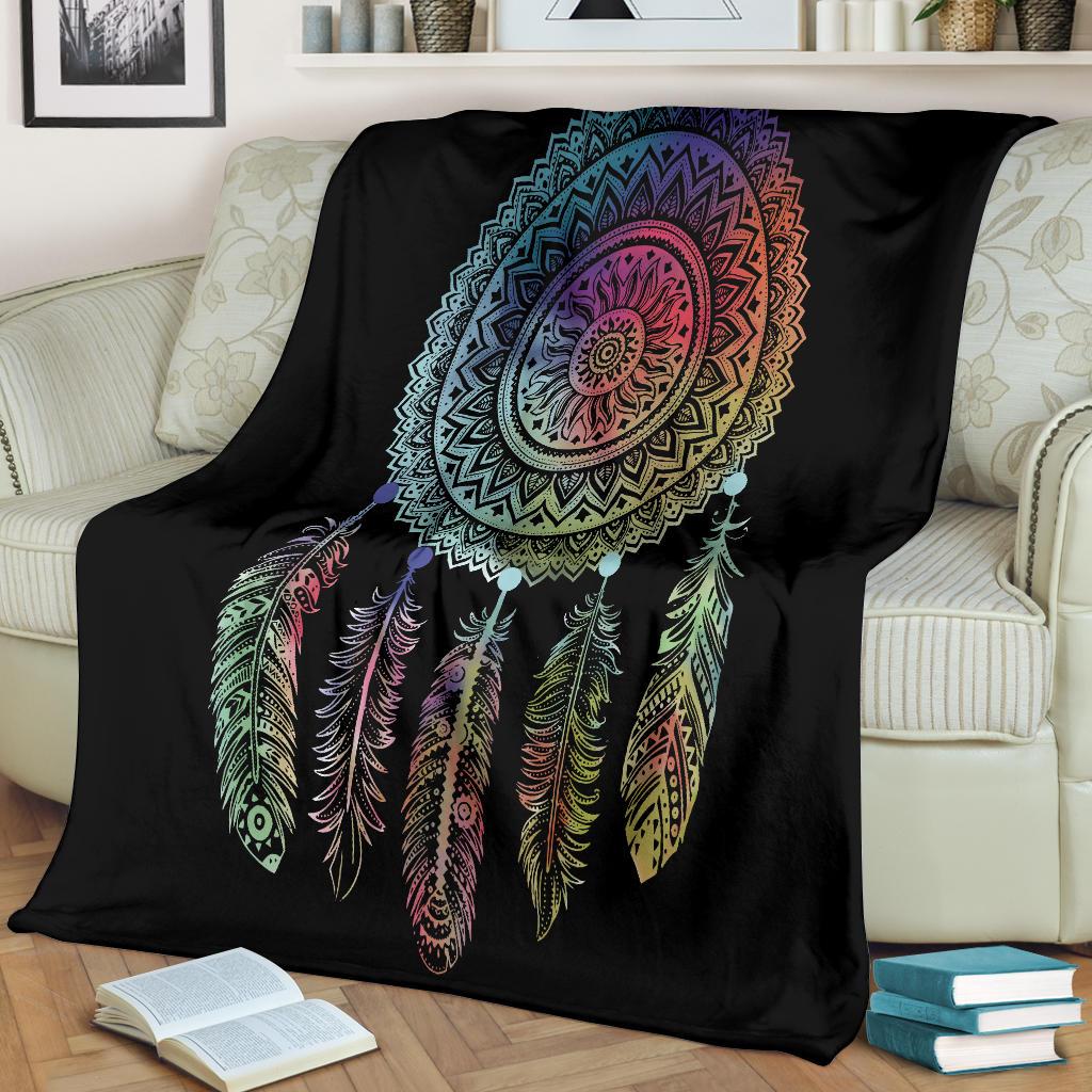Black dreamcatcher throw with round mandala center and multicolor hanging feathers