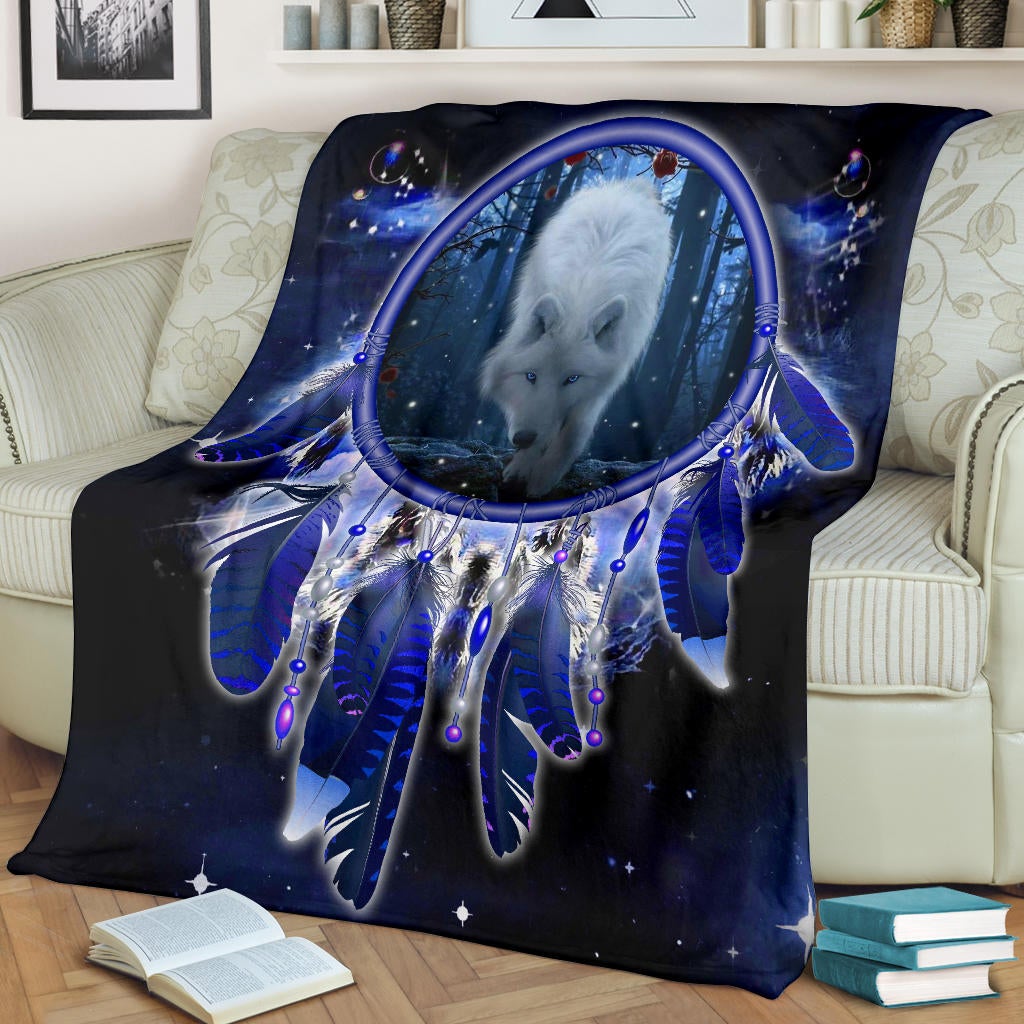 Blue and dark navy wolf galaxy blanket featuring a dreamcatcher ring and purple accents