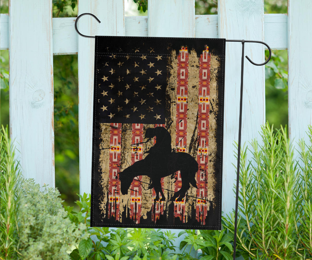Outdoor house flag with horse silhouette design on black field and red vertical motifs