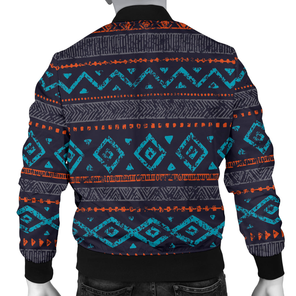 Men’s bomber jacket back view, geometric ethnic print with teal shapes and orange trim.