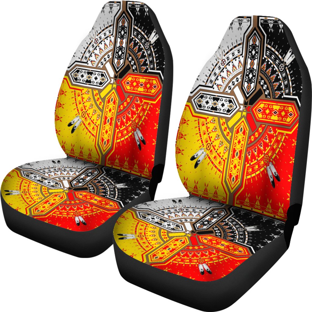 Pair of multicolor car seat covers featuring medicine wheel and tribal geometric prints