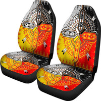 Pair of multicolor car seat covers featuring medicine wheel and tribal geometric prints