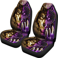 Two headrest and seat cushion covers: wolf faces with purple dreamcatcher web and feathers