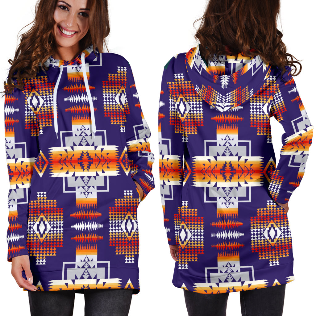 Purple hoodie dress with all-over colorful Native-style geometric pattern, drawstring hood