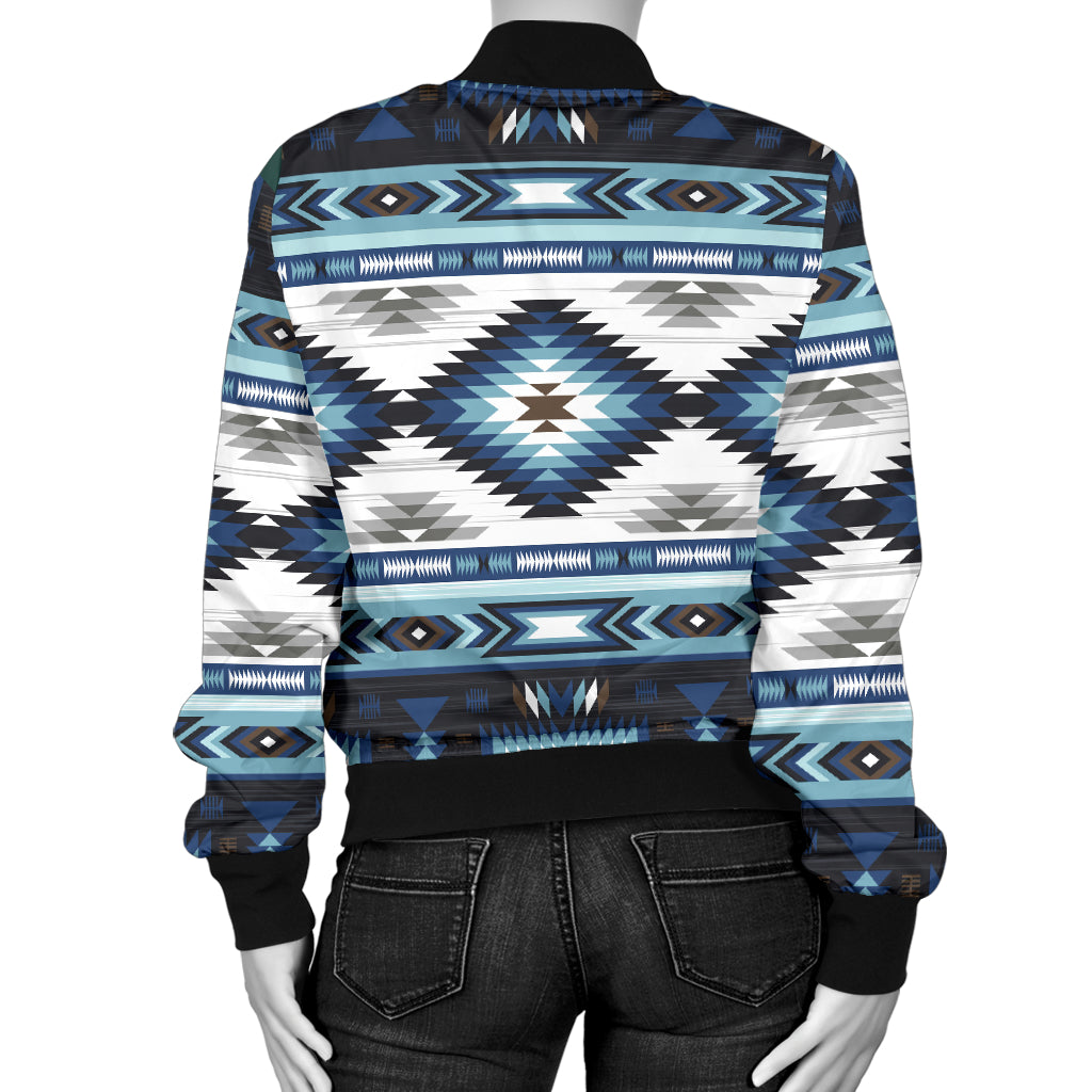 Back view bomber jacket with blue, white, and black geometric pattern; ribbed collar