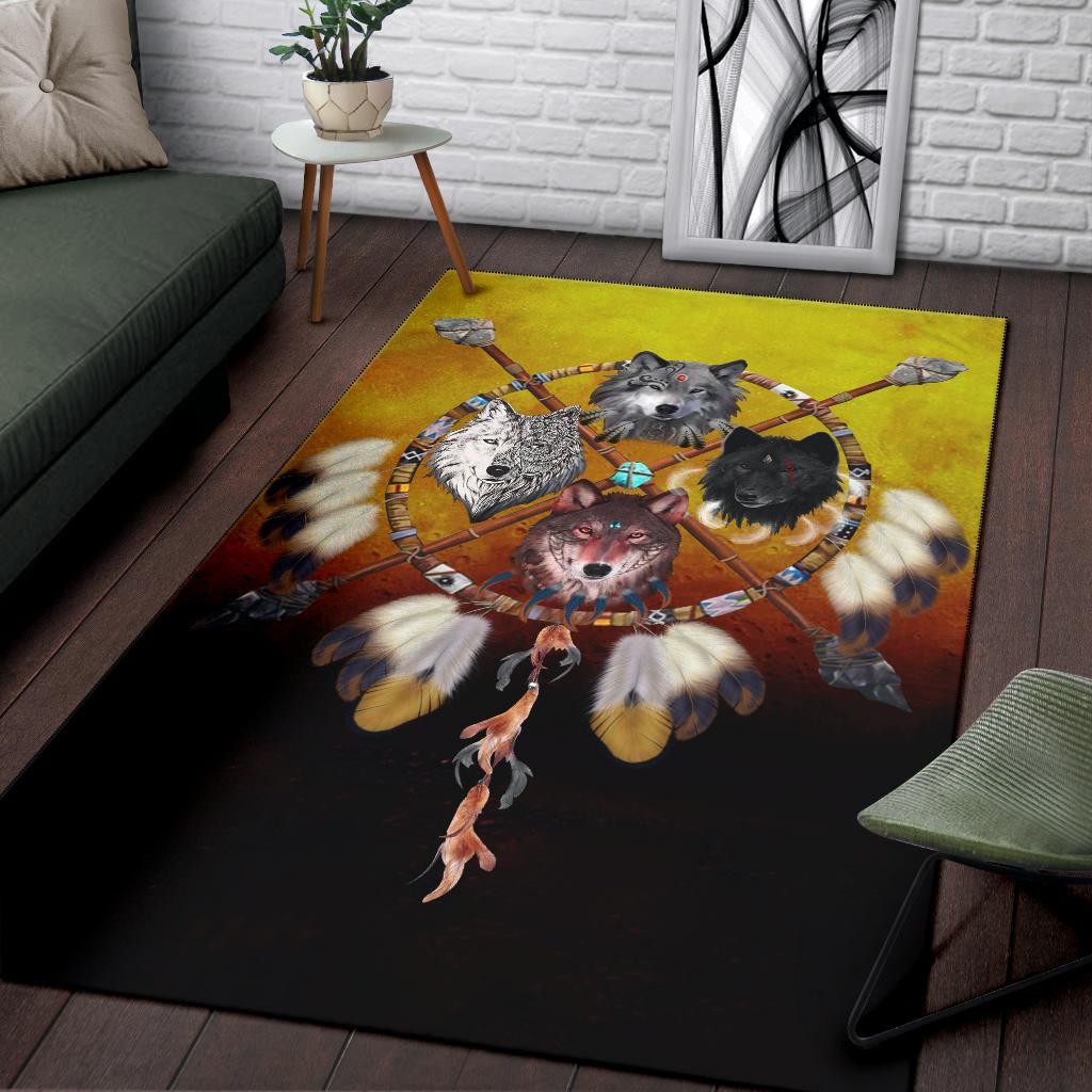 Multicolor area rug featuring four wolf warriors, headdress feathers, circular Native design