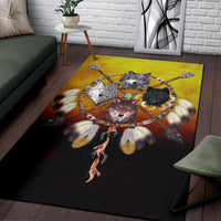 Multicolor area rug featuring four wolf warriors, headdress feathers, circular Native design