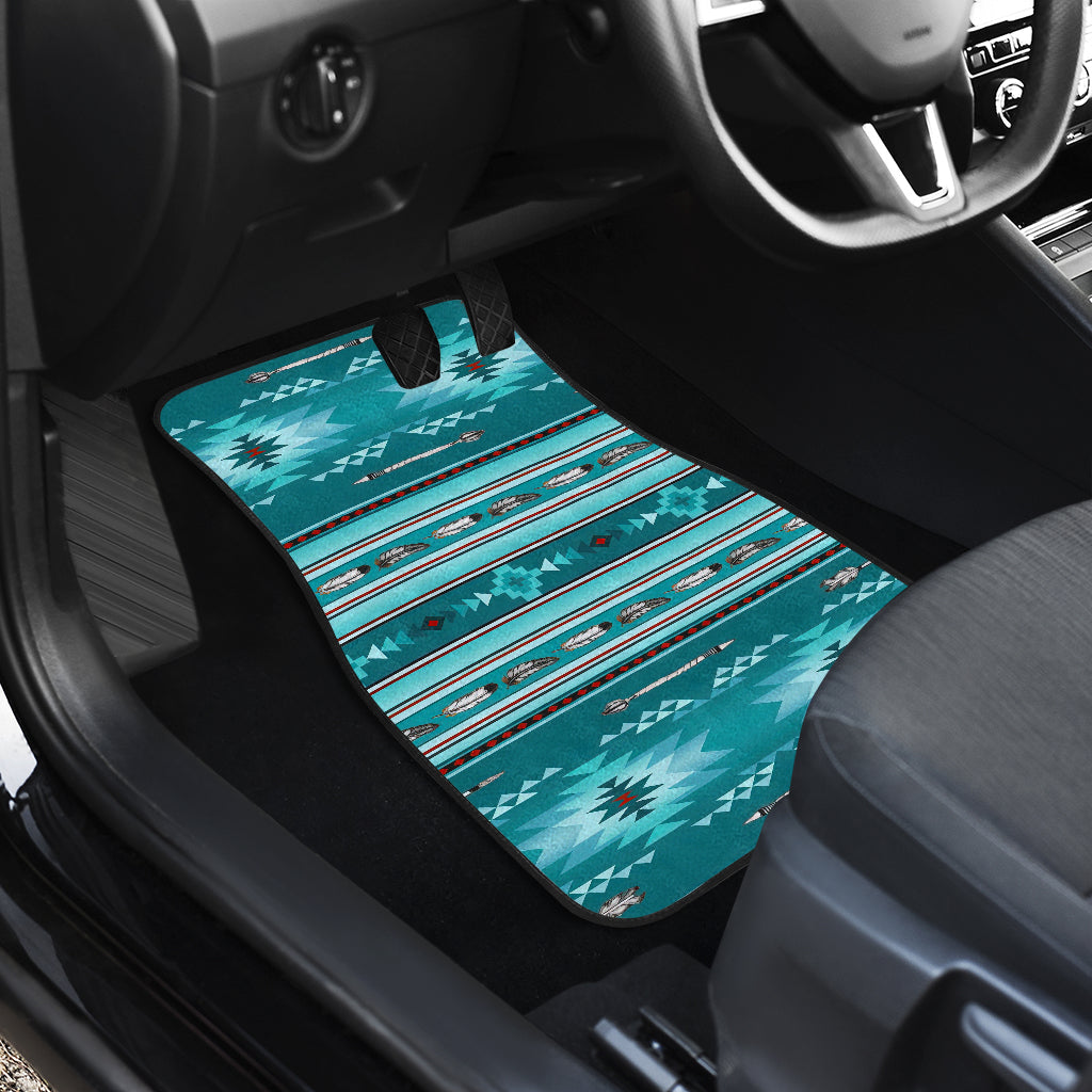 Single teal Native-style car floor mat with geometric stripes, red/white accents, rounded border