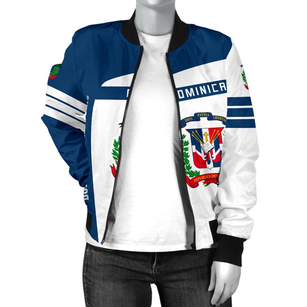 White/blue bomber jacket front with ribbed collar and Dominican crest centered on chest