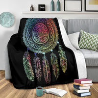 Black dreamcatcher throw blanket with large circular mandala and colorful feathers