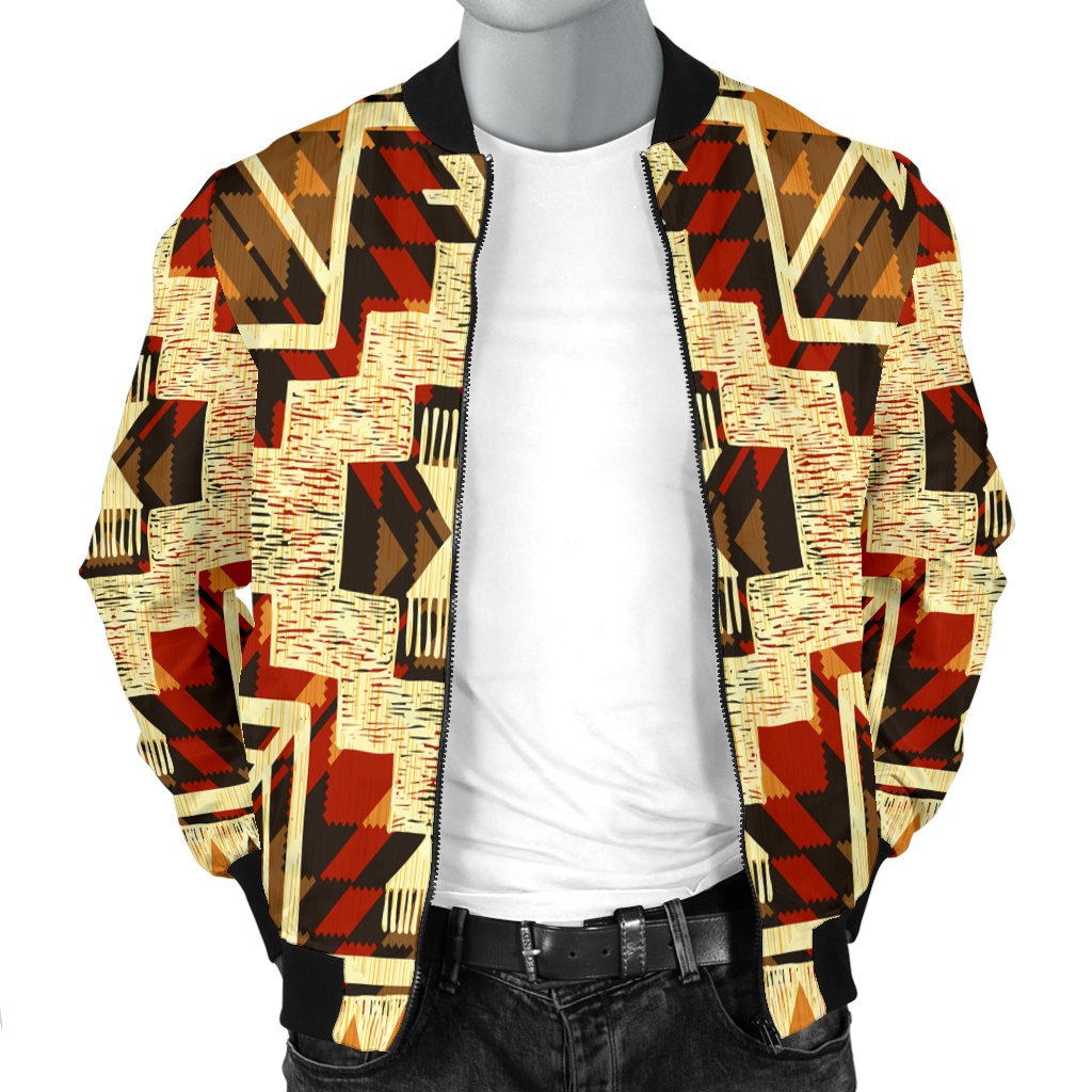 Tribal bomber jacket front with center zipper and yellow-red-black-cream geometric pattern