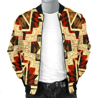 Tribal bomber jacket front with center zipper and yellow-red-black-cream geometric pattern
