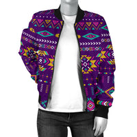 Women’s bomber jacket 3/4 front, purple with multicolor Aztec print, black stand collar