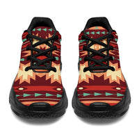 Front view red tribal print chunky sneakers with black laces and cushioned sole