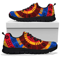 Circle Adinkra sneakers with black sole, colorful geometric print, lace-up front view