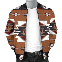 Unisex bomber jacket with stand collar and center front zip, brown Native geometric pattern