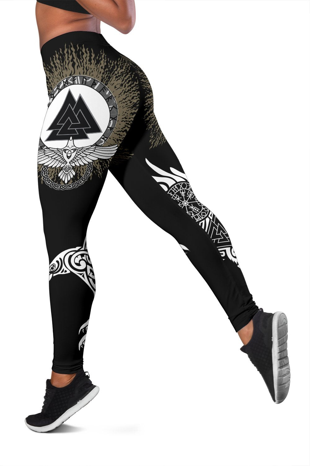 Black women’s leggings with large circular rune emblem and bird wing graphic