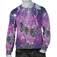 Purple galaxy dreamcatcher sweatshirt with colorful feathers and bead rings across the front