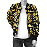 Bomber jacket front worn open, black with gold geometric pattern, zip and ribbed collar