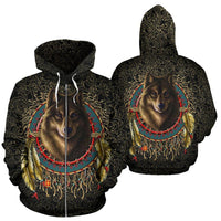 Two black zip hoodies with matching wolf dreamcatcher prints, multicolor bead and feather details