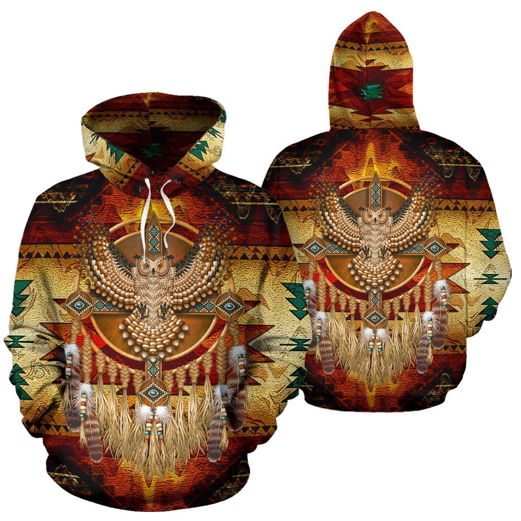 Dreamcatcher owl hoodie shown from front and back views, multicolor beadwork and feathers