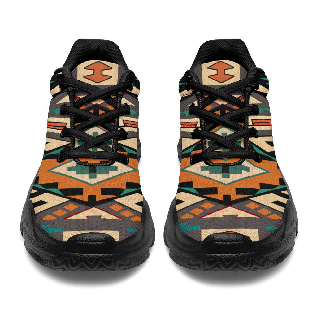 Front view chunky lace-up sneakers with Native geometric print, black laces and dark sole