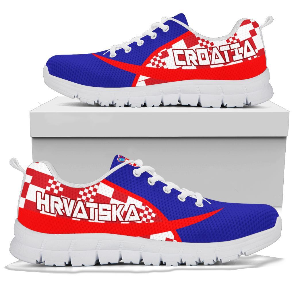 Blue and red Croatia sneakers with white sole, shown on a box platform