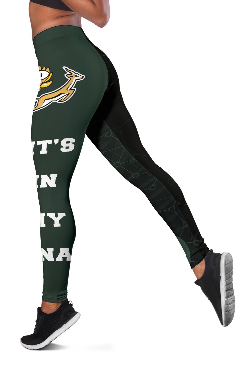 Green and black graphic leggings with springbok logo and partial white text on side