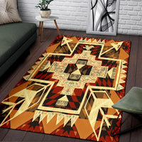 Native-style tribal arrow rug, orange-brown with cream cross design and dark zigzag accents