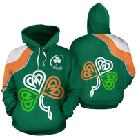 Green pullover hoodie with Ireland Rugby shamrock logo; orange and white sleeve stripes