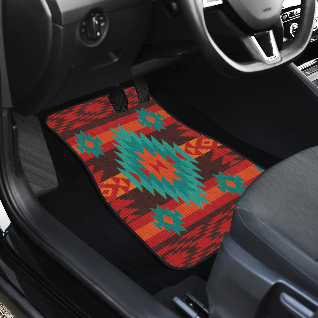 Single car floor mat with red, teal, and orange geometric Native American pattern