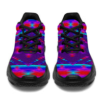 Purple geometric sneakers with black laces and cushioned heel, patterned uppers