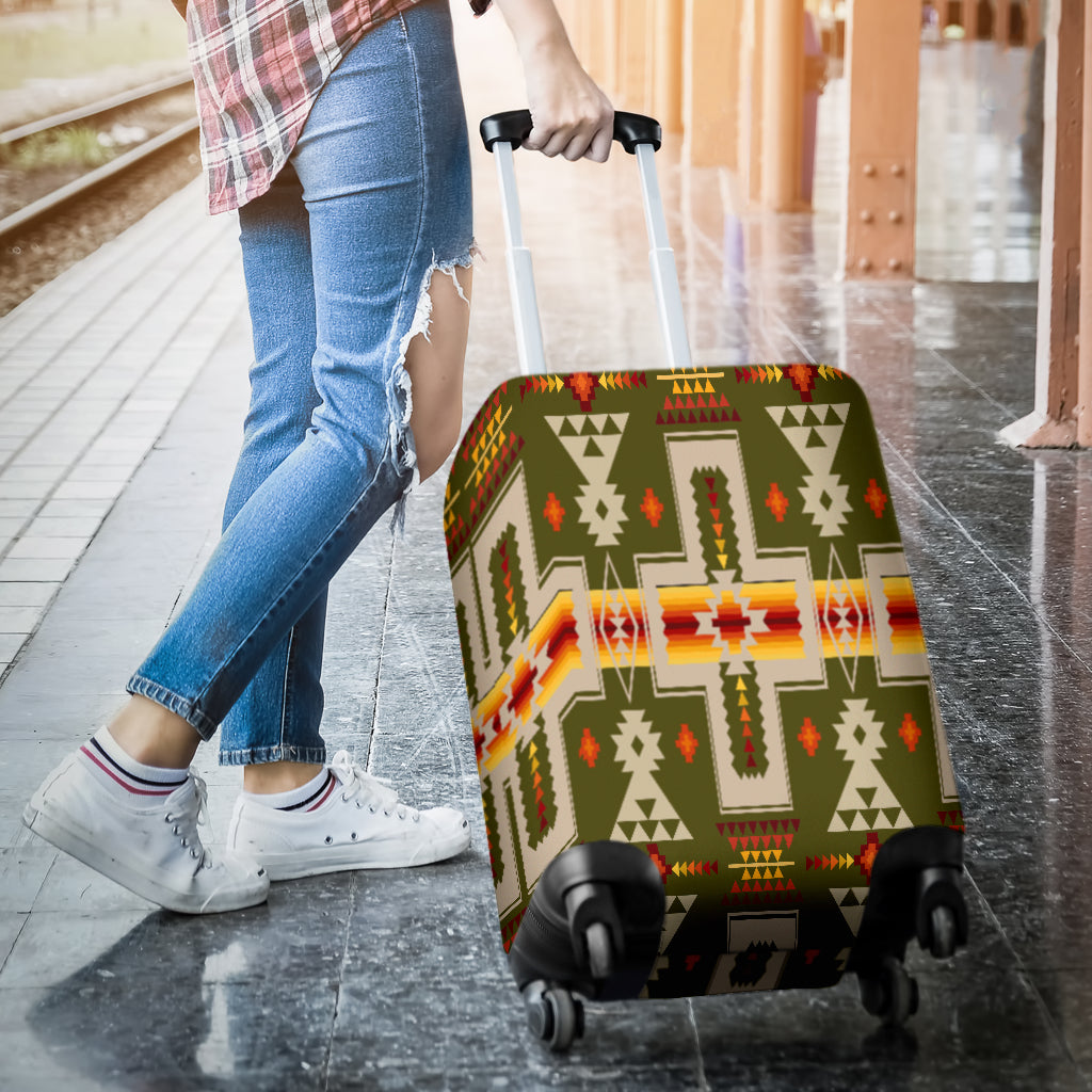 Olive green suitcase cover with multicolor Native geometric cross and arrow motifs