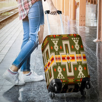 Olive green suitcase cover with multicolor Native geometric cross and arrow motifs